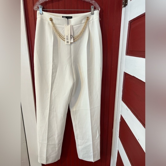 NWT ZARA NEW Ecru Womens Pants with Gold Chain Trousers Sz L - Picture 12 of 13